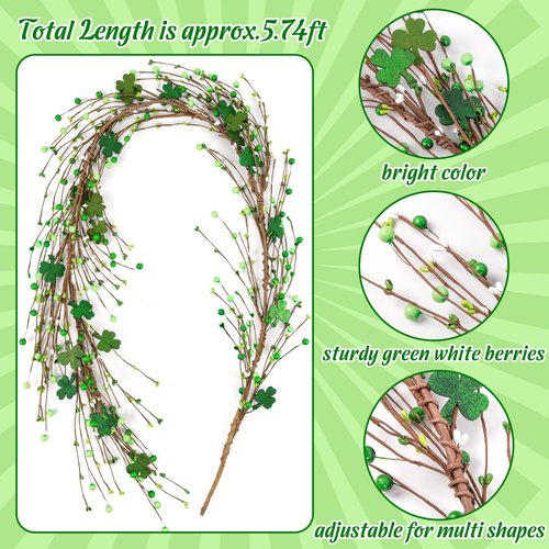 St Patricks Day Shamrock Garland Decorations with Berries Green Clover Decor for Mantel Table Fireplace Door