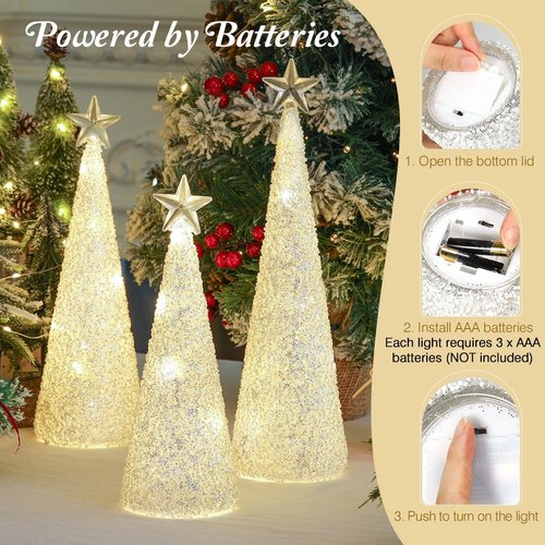Lewondr LED Glass Christmas Tree Tabletop Lamps - Warm Yellow Light | 3 PCS with Timer & Glitter Ornaments