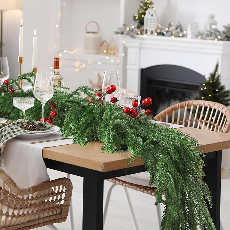 4 Pcs 6 ft Artificial Norfolk Pine Garland with Red Berries - Realistic Greenery Xmas Garlands for Mantle, Staircase, Fireplace (Variation of THIS listing: 4)