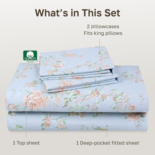 California Design Den Bed Sheets - Soft Cotton Cal King Set, 400 TC, Award-Winning Sateen Finish - Floral Blue/Pink