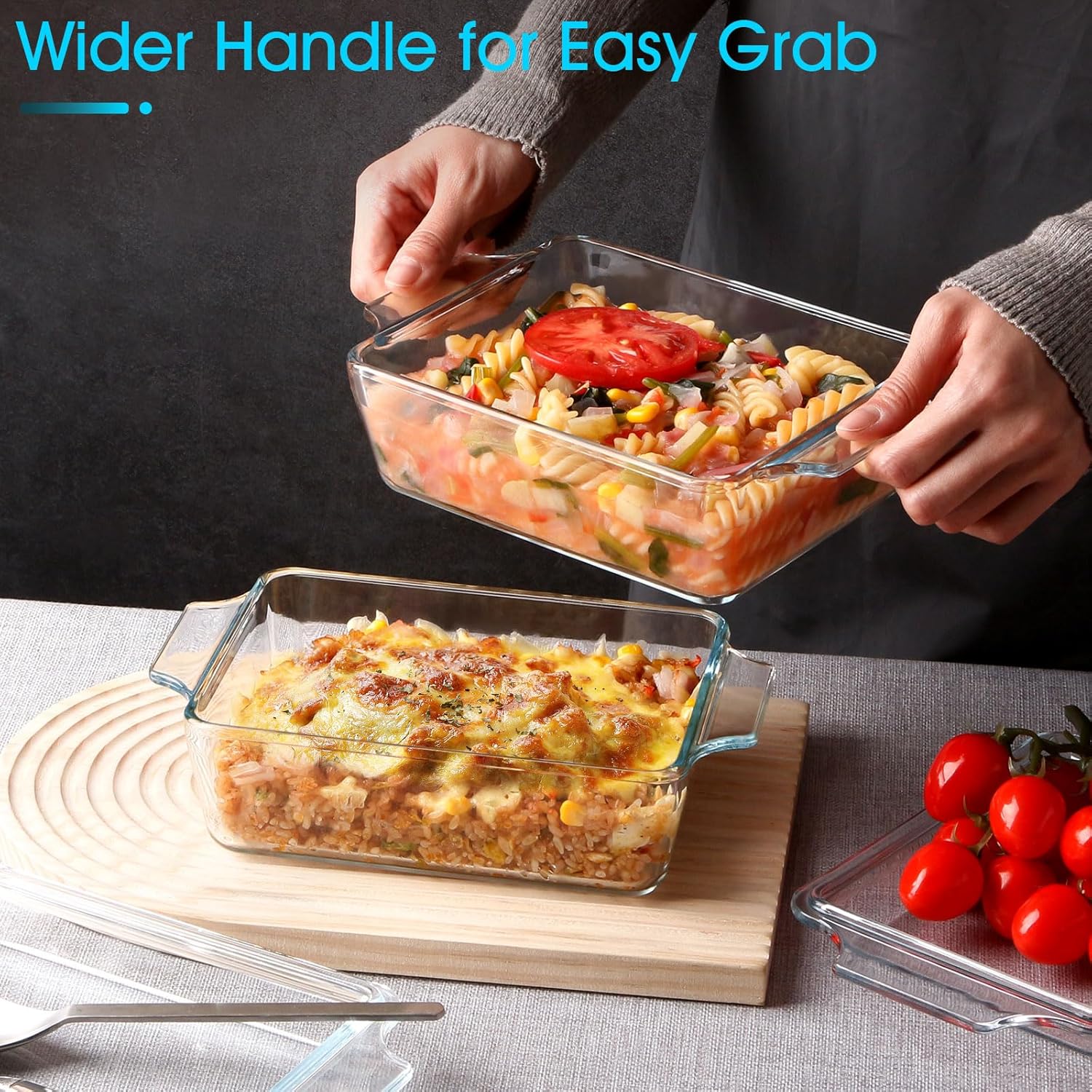 Pyrex Set of 2 Glass Casserole Dishes - Oven Safe Rectangular Baking Dish with Lids, 5.7in x 7in