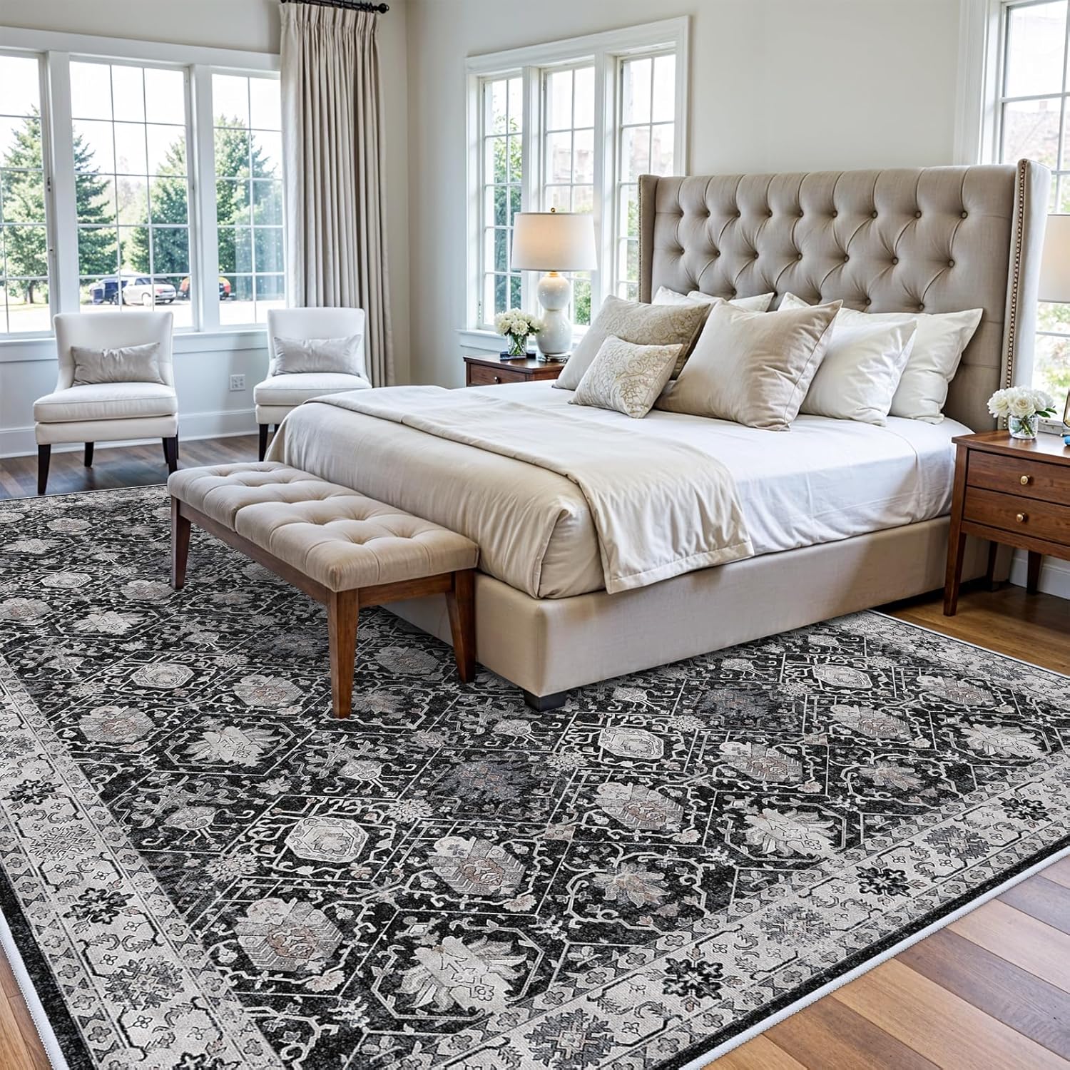 Skiennix Washable Large Area Rug - Ultra Soft Non-Slip 9x12 Oriental Carpet for Living Room | Stain Resistant Black