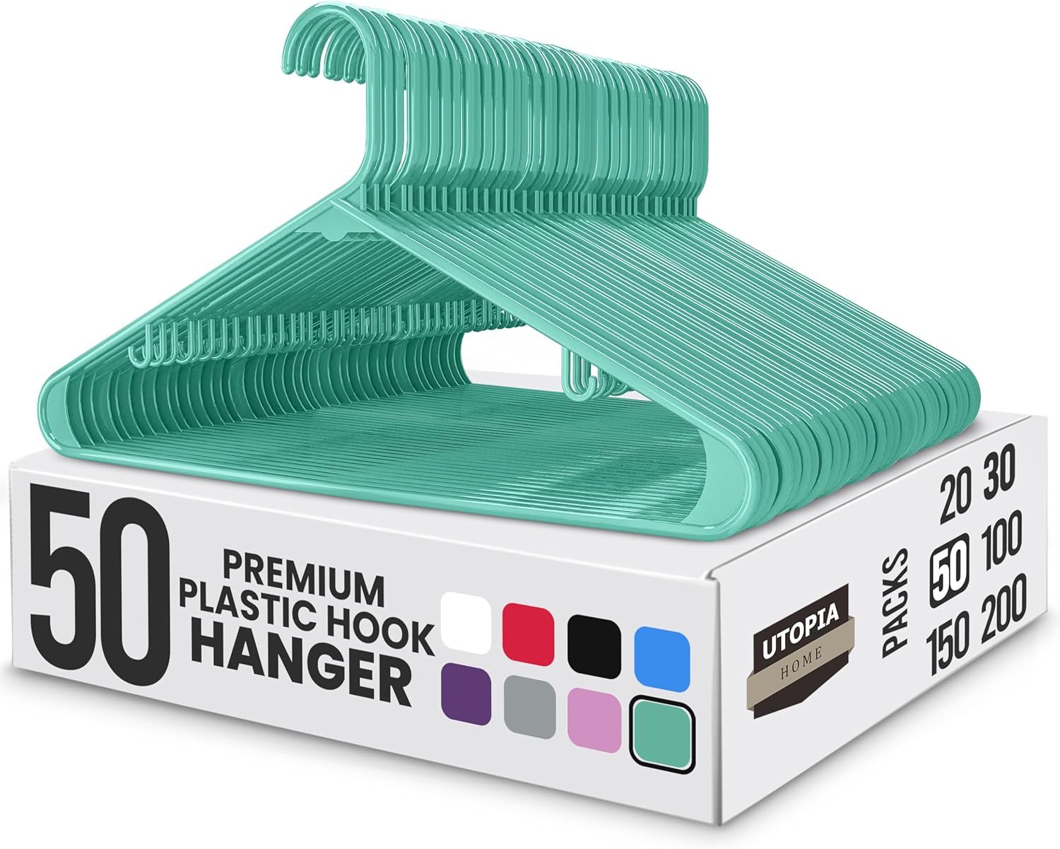 Utopia Home Plastic Hangers 50 Pack - Durable Space-Saving Closet Organizers - Aqua for Shirts, Pants & Coats