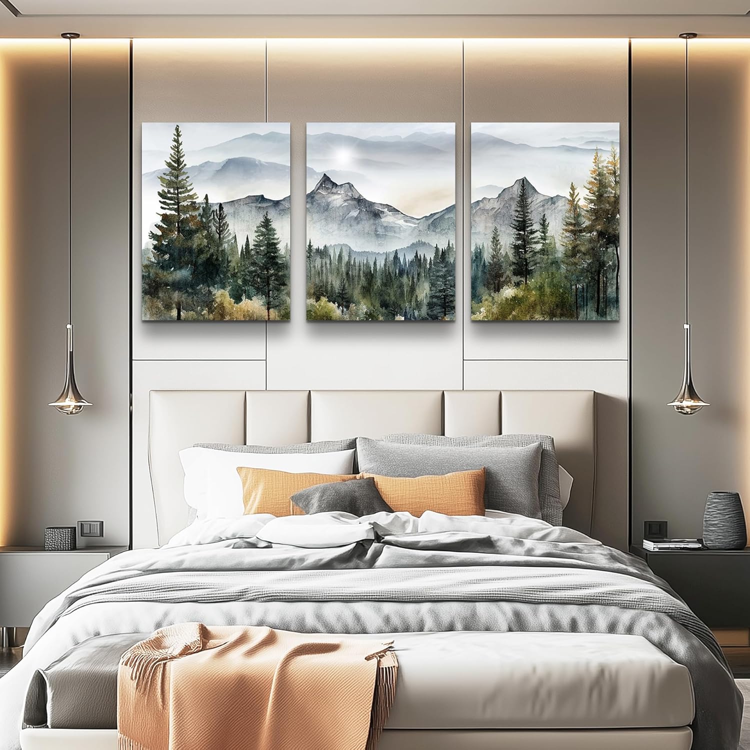 MHARTK66 Large Wall Art - Modern Abstract Mountain Forest Landscapes | 3-Piece Framed Canvas Set