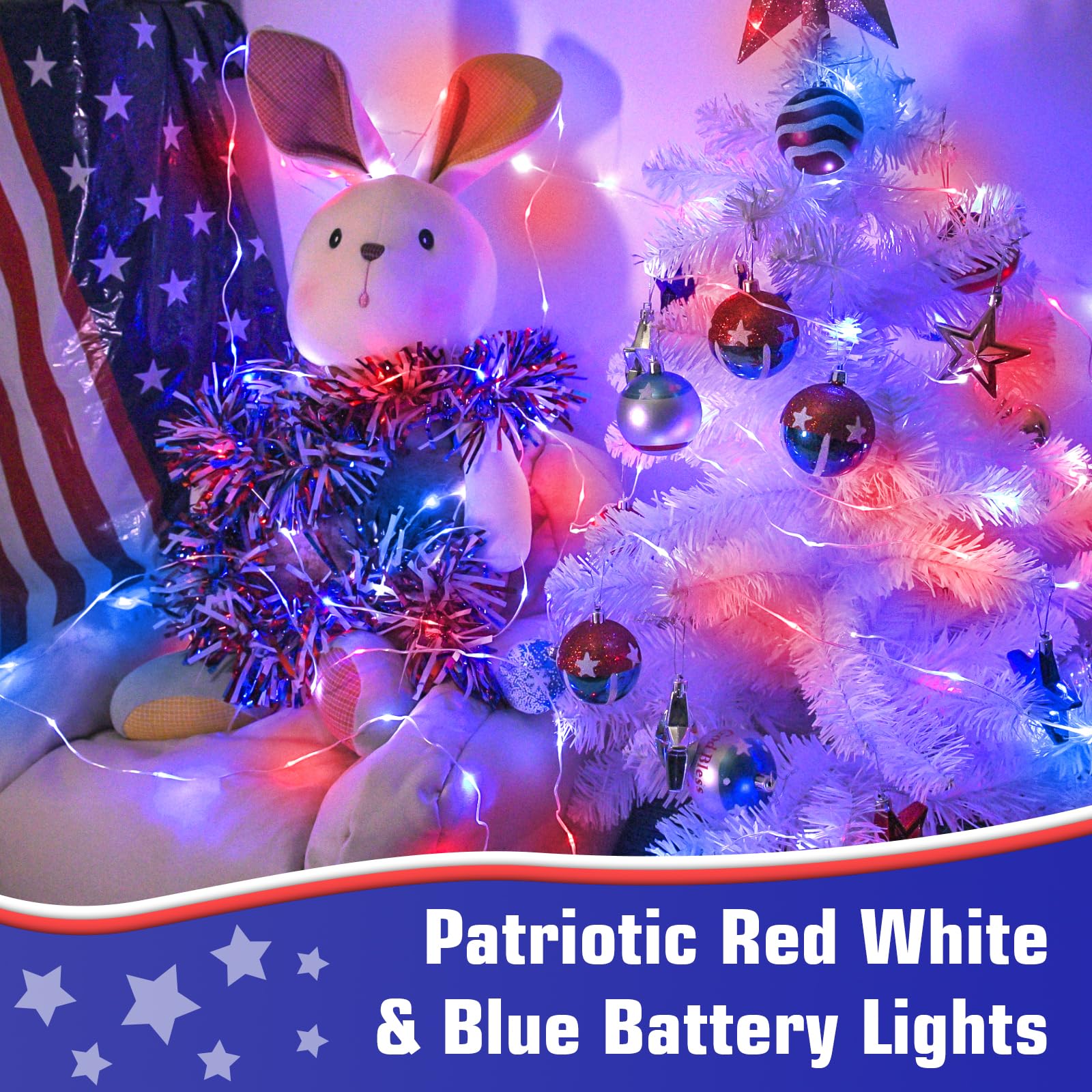 cshare Red White and Blue Fairy Lights Battery Operated, 4th of July Lights with Timer 16.4ft 50LED for 4th of July Independence Day Memorial Day Decorations