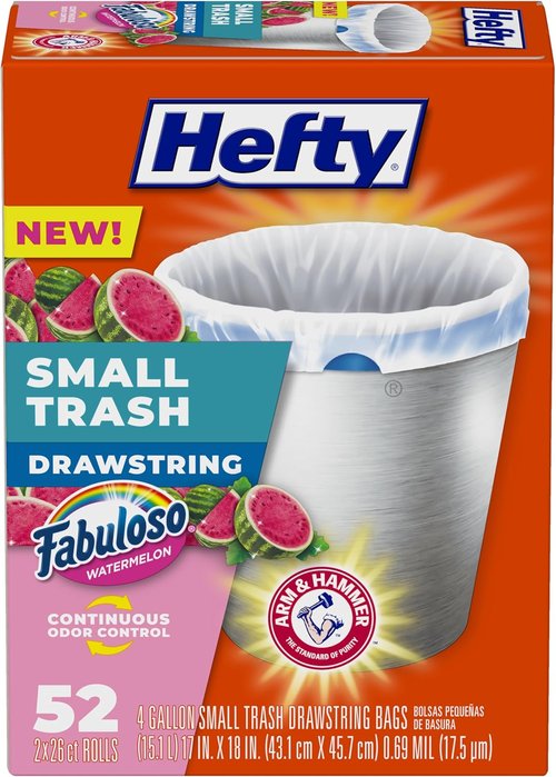Hefty Small Trash Bags - Watermelon Scented | 4 Gallon, 52 Count for Odor Control
