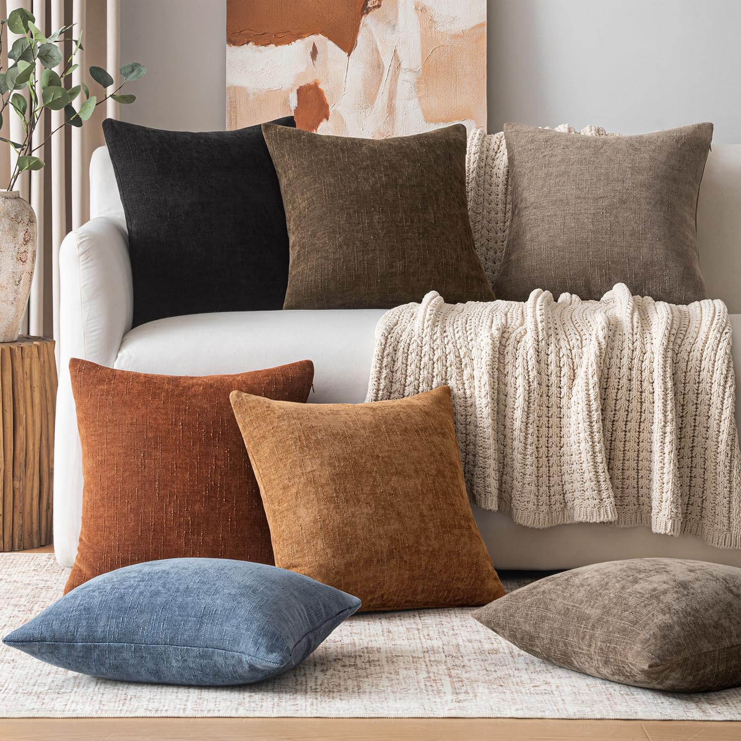 Woaboy Set of 2 Textured Throw Pillow Covers Decorative Soft Accent Square Chenille Pillowcases Neutral Farmhouse Modern Home Decor for Couch Sofa Bedroom Living Room 20x20 Inch,Brown Chocolate