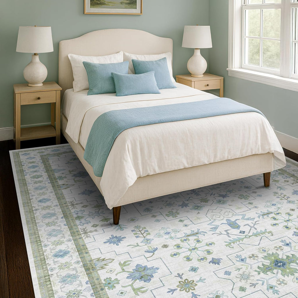Regine Switzerland Large 8x12 Area Rug - Washable Non-Skid Geometric Floral Design in Cream Green