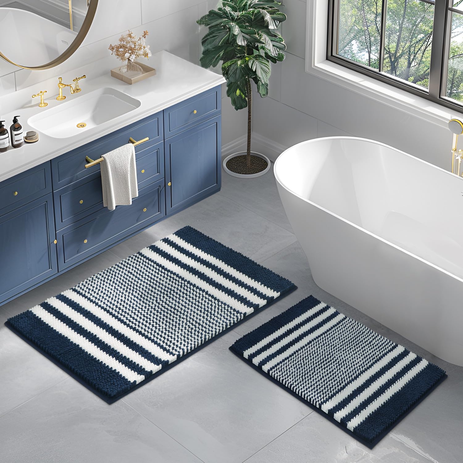 Starryle Bathroom Rugs Set 2 Piece, Extra Soft and Absorbent Fluffy Striped Chenille Bath Mat Rug Set, Non Slip Bathroom Floor Mat, Machine Washable (24" x 35" Plus 16" x 24", Light Blue)
