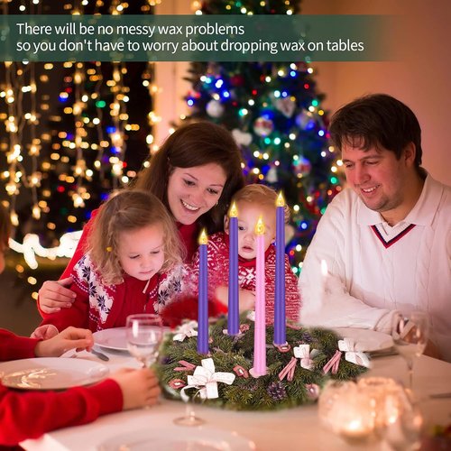 Honoson Flameless LED Taper Candles - 4 Pack for Hanukkah & Christmas | Flickering Purple & Pink Decor