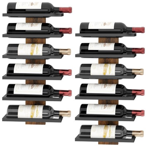 Hoctieon 2-Set 6 Tier Wall Mount Wine Rack, Wall Mounted Wine Bottle Racks for Display and Storage, Hanging Bottle Holder, for Living Room, Dining Room, Bar, Wine Cellar, Rustic Brown
