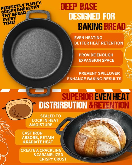 Cast Iron Dutch Oven for Sourdough Bread Baking, Pre-Seasoned 5QT Dutch Oven Pot with Lid, Include Proofing Basket, Silicone Sling & Dough Whisk