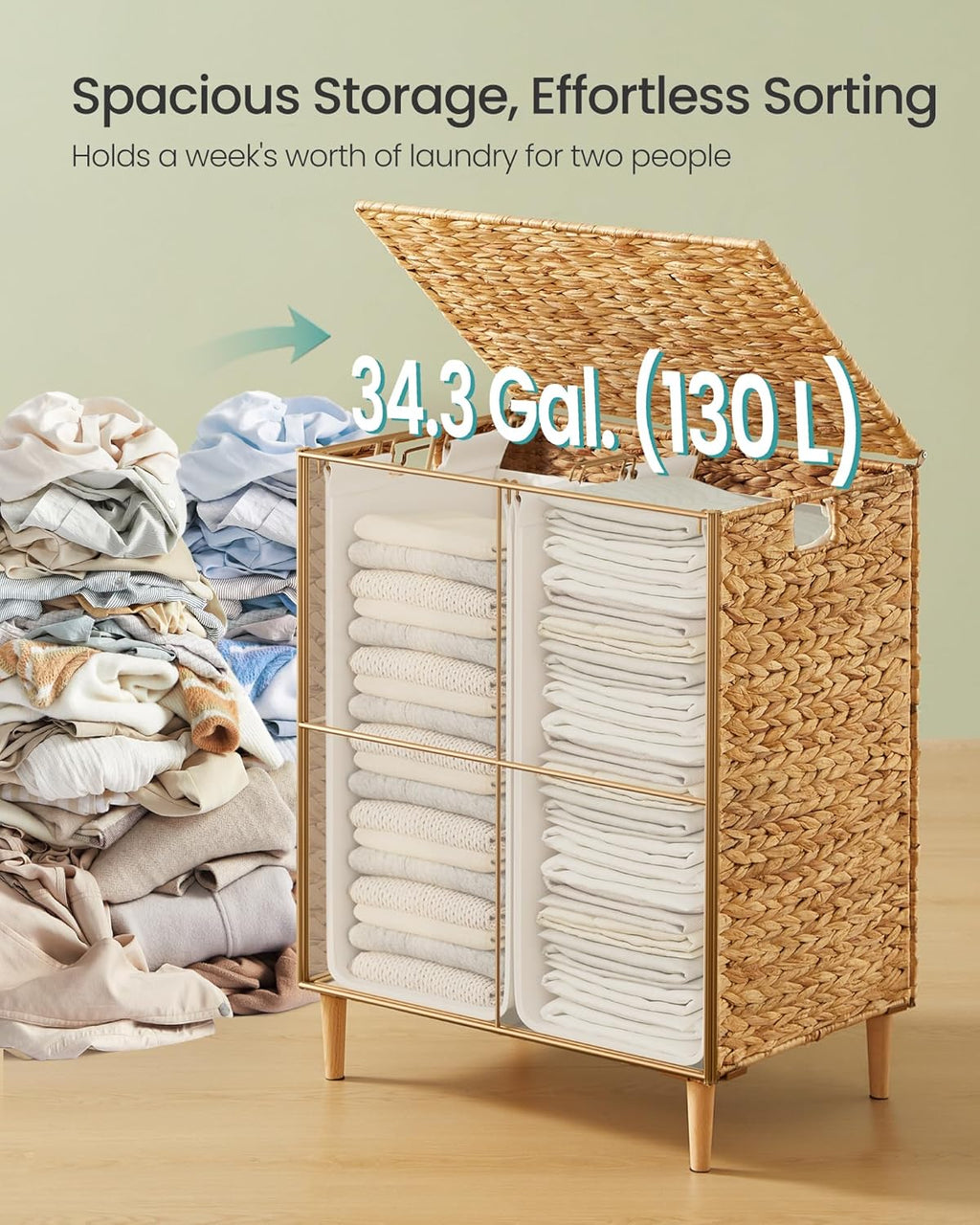 SONGMICS Laundry Hamper - 34.3 Gal Handwoven Water Hyacinth Wicker Basket with Lid & Washable Liners