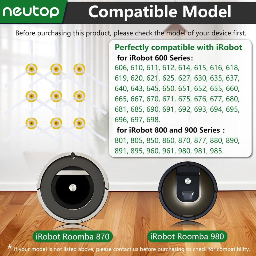 Neutop Replacement Side Brush Compatible with All iRobot Roomba 900, 800, 700, 600, 500 Series 960 980 981 985 860 880 890 891 895 760 770 614 645 650 655 665 671 675 690 692 694 560 595 Models,9-Pack