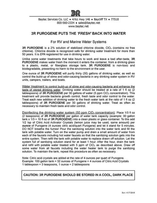 128oz Purogene Water Treatment Preserver and Maintainer for Drinking Water Treatment. Provides for Long-Term Storage of Drinking Water