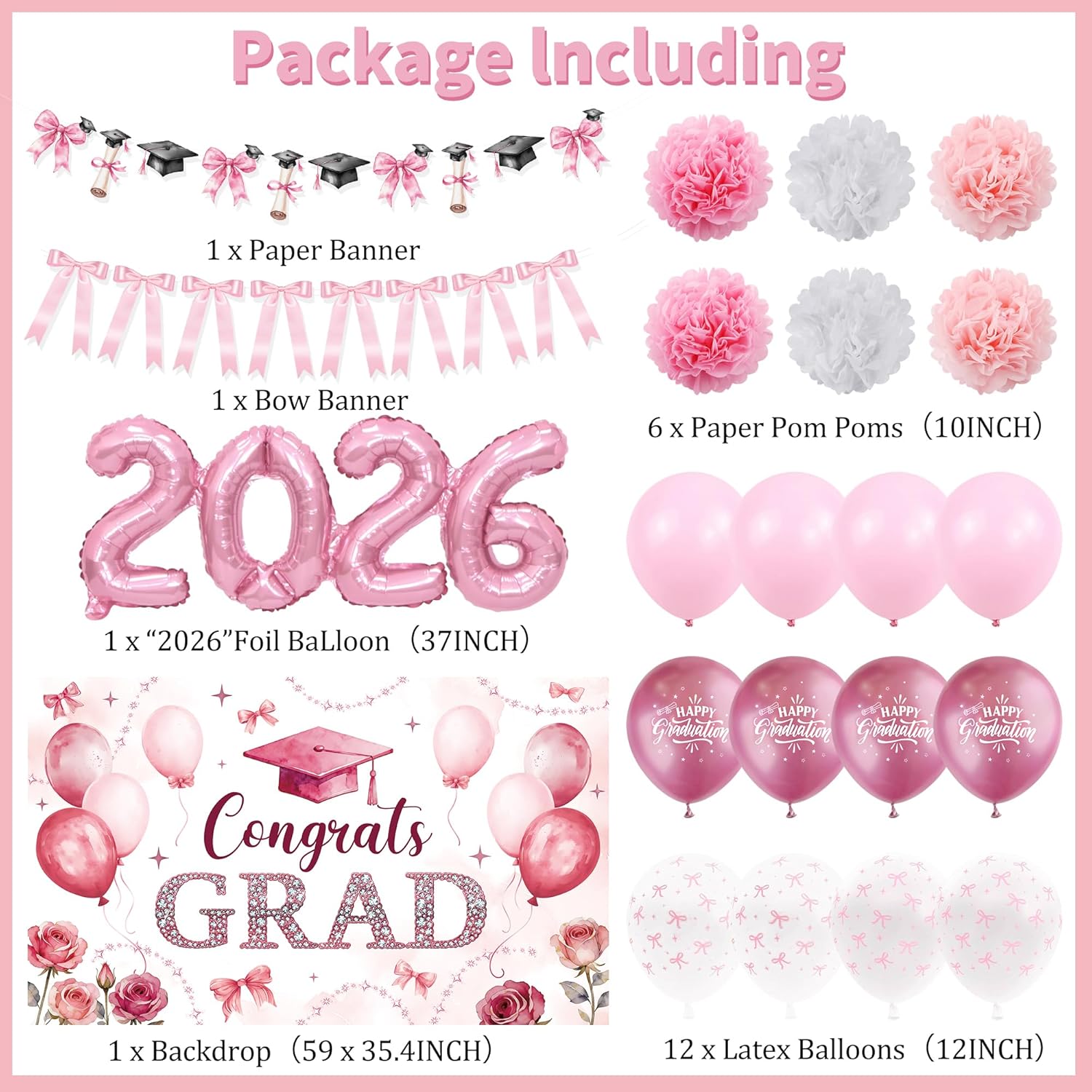 Regine Switzerland Pink Bow Graduation Decorations - 22PCS Party Supplies with Banner & Balloons