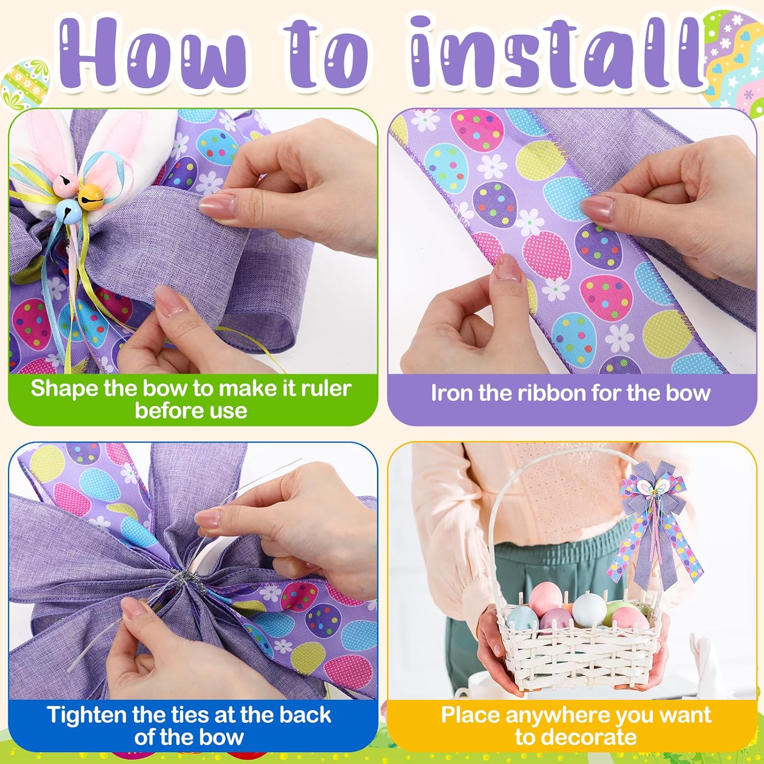 Skiennix Large Purple Spring Bows - 21x11 Inch Bunny Tree Topper Wired Ribbon Decor | 4 Pcs Set