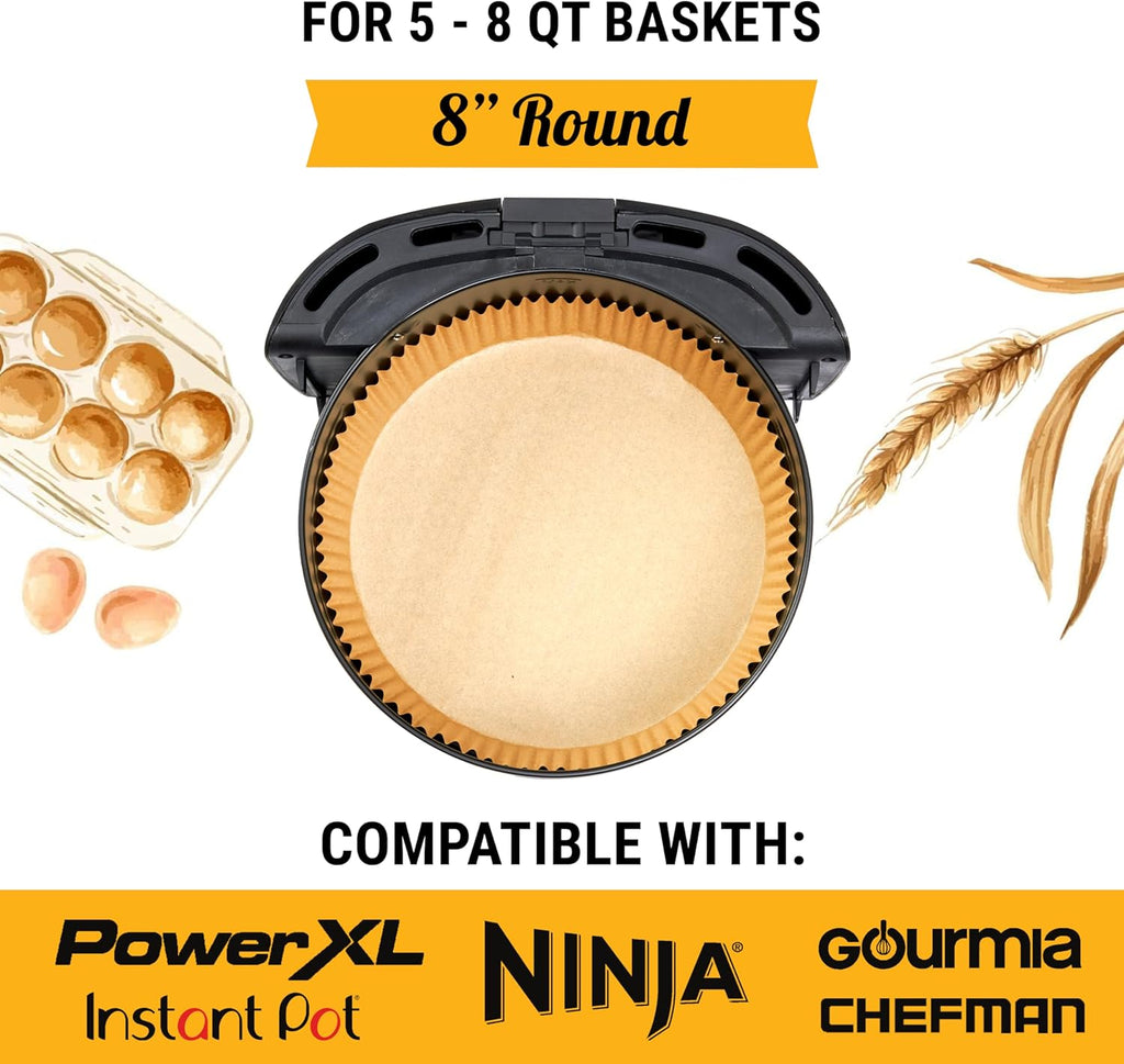 Baker's Signature Air Fryer Liners - 125 Pcs Round Non-Stick Disposable Paper | 8 Inch for 5-8 Qt Baskets