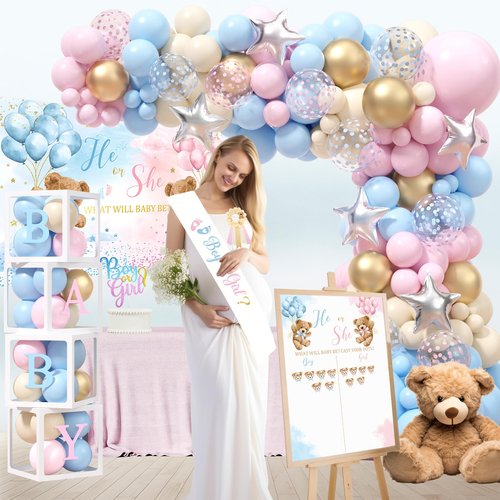 Bear Gender Reveal Decorations, He or She Baby Gender Reveal Party Decoration, Boy or Girl Bear Theme Party Supplies, Backdrop BABY-Box Tablecloth Mom to Be Sash Dad to Be Pin Balloon Arch