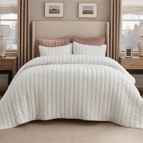 Bedsure Velvet Quilt King Size Set - Lightweight Cream White Comforter | Oversized Luxury Bedspread with 2 Pillow Shams
