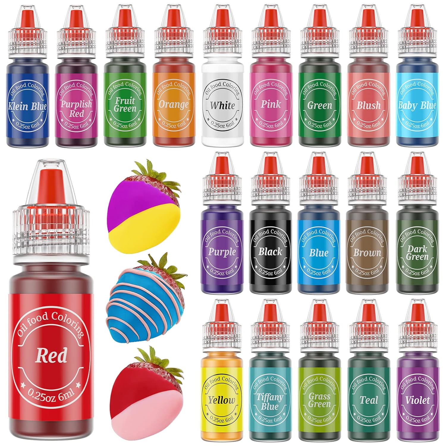 Nomeca Oil-Based Food Coloring Set - 20 Vibrant Colors for Cake Decorating | Food-Grade Edible Dye - 0.25 Fl. Oz Bottles
