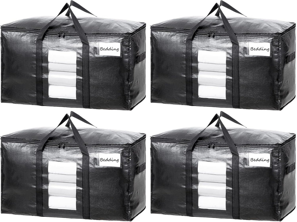TAILI Extra Large Moving Bags - 4 Pack Heavy Duty Black Totes with Visible Window & Wrap Around Handles