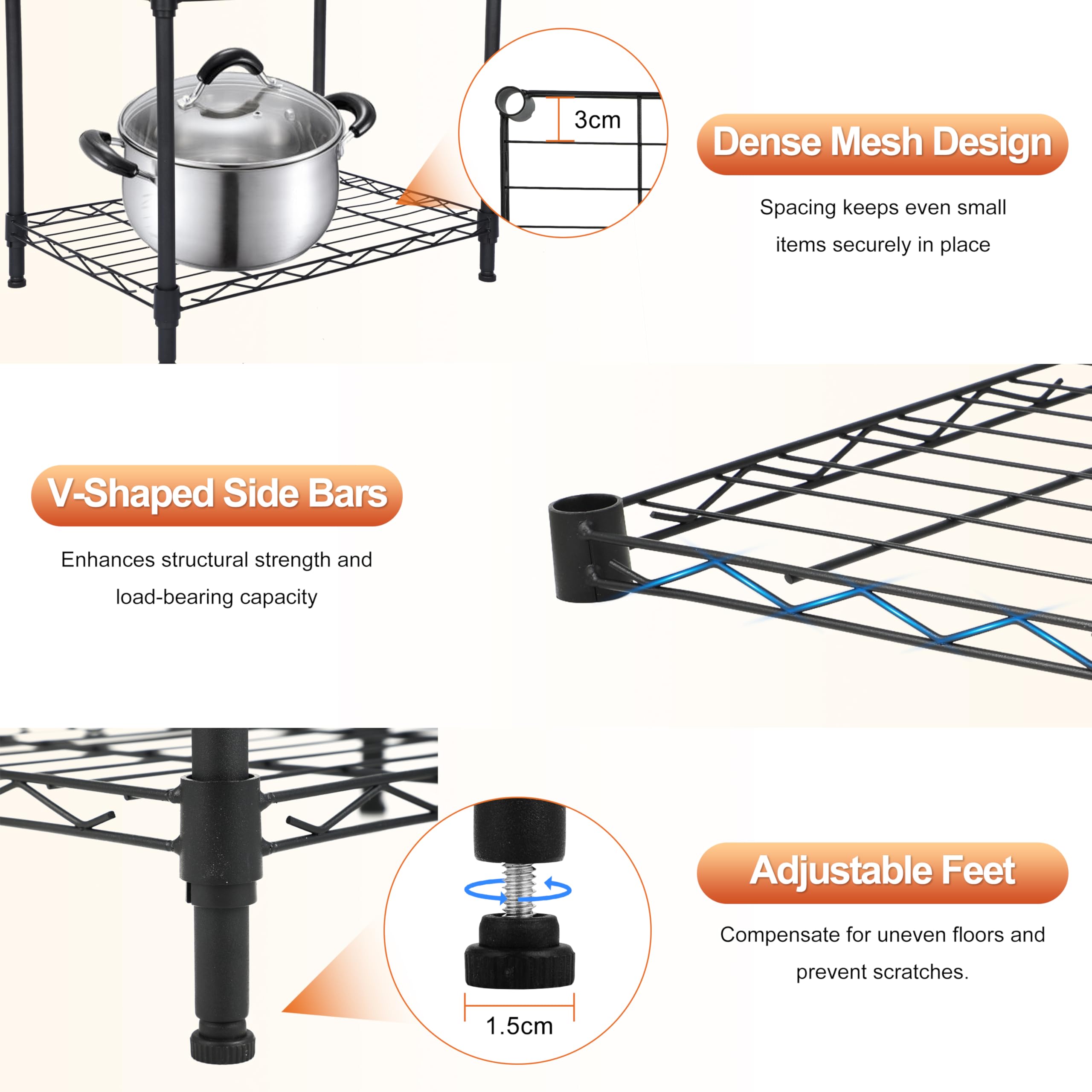 Whitmor 3 Tier Storage Shelves, Heavy Duty Metal Shelving, 400 lbs Capacity per Shelf, 1200 lbs Total, Easy Assembly for Kitchen, Garage, Plant, 18" L x 12" W x 26.4" H, Black