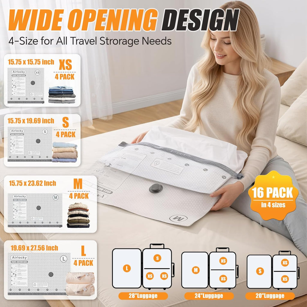 Travel Vacuum Storage Bags - 16 Pack Compression Packing Bags with Portable Electric Pump | 80% Space Saver for Luggage