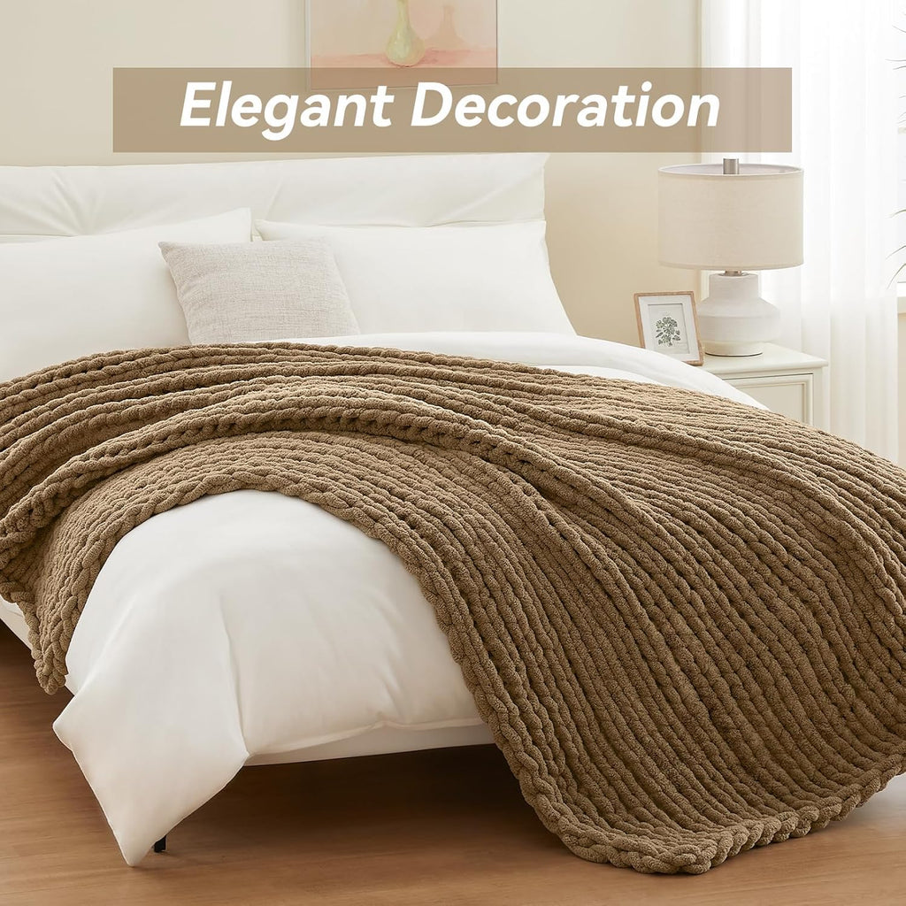 Negwoo Chunky Knit Throw Blanket - Handmade Light Brown Chenille Yarn | Soft & Comfy 40'' x 50'' Size