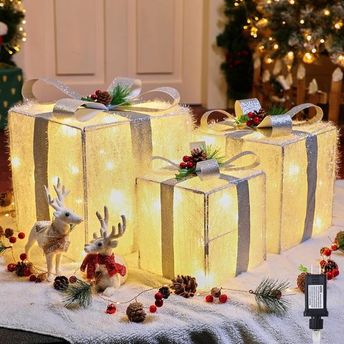 Brightown 3 Pieces Lighted Gift Boxes Outdoor Christmas Decorations, 12" 10" 8" with 60 Pre-Lit Mini String Lights，Foldable LED Boxes with Bows for Tree Indoor Outdoor Party Yard Home Decor