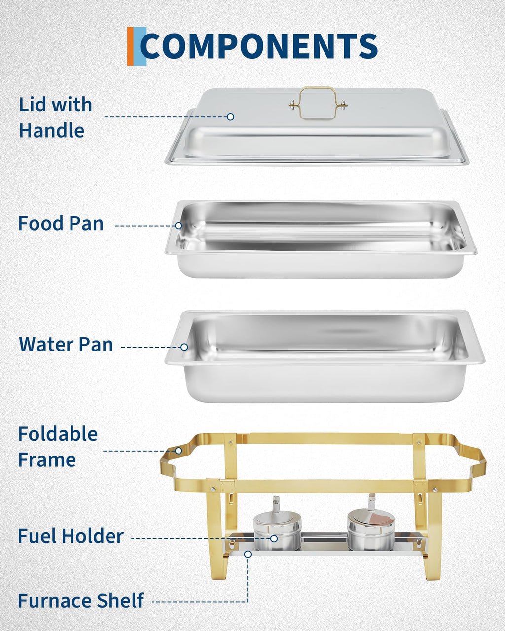 Garvee Chafing Dishes for Buffet Set of 2, 8QT Buffet Servers and Warmers Set with Lid & Foldable Frame, Rectangular Stainless Steel Chafer Food Warmer for Parties Wedding Catering Supplies, Gold