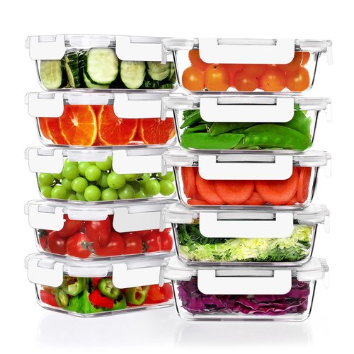 VERONES 10 Pack 22 OZ Glass Meal Prep Containers, Airtight Glass Lunch Containers Set, Food Storage Containers with Lids,BPA Free, for Microwave, Oven, Freezer & Dishwasher Friendly,White
