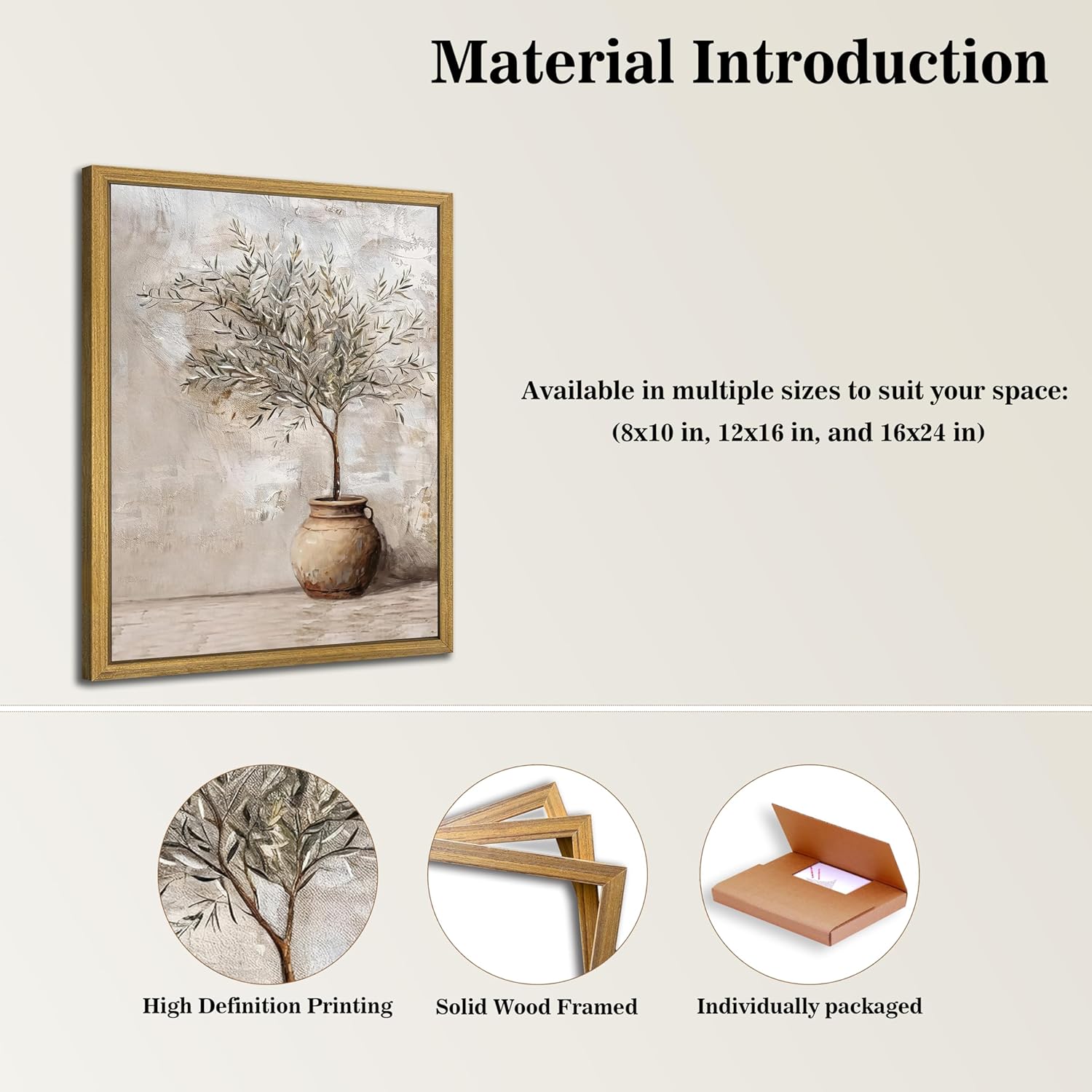 Vintage Olive Tree Canvas Wall Art - Rustic Potted Plant Decor | 12x16 Inch Framed Oil Painting for Farmhouse Aesthetic