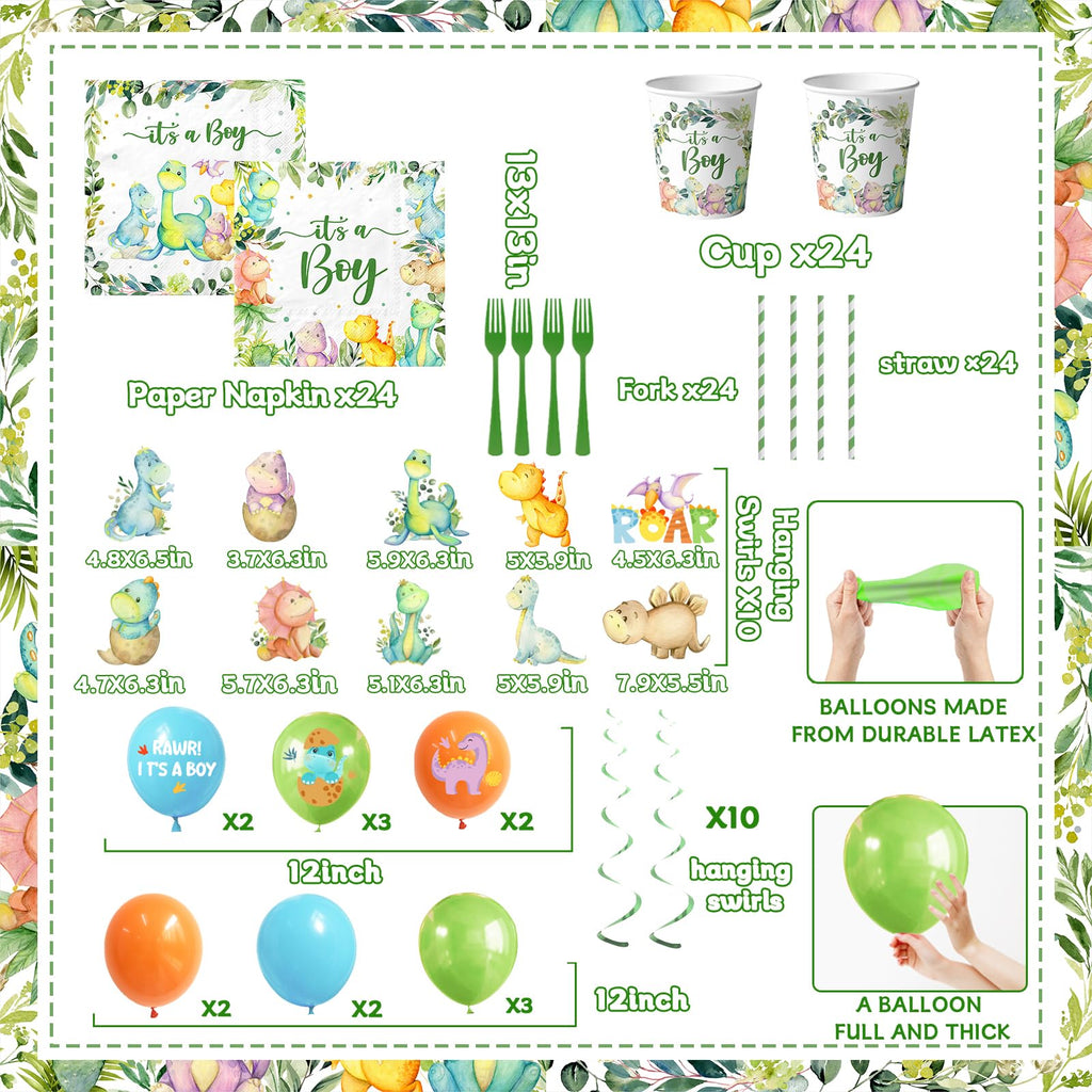 Dinosaur Baby Shower Decorations for Boy, It's a Boy Baby Shower Party Supplies Disposable Dino Plates Napkins Banner Tablecloth Cake Topper Balloon for Dinosaur Birthday Party Decorations, Serve 24