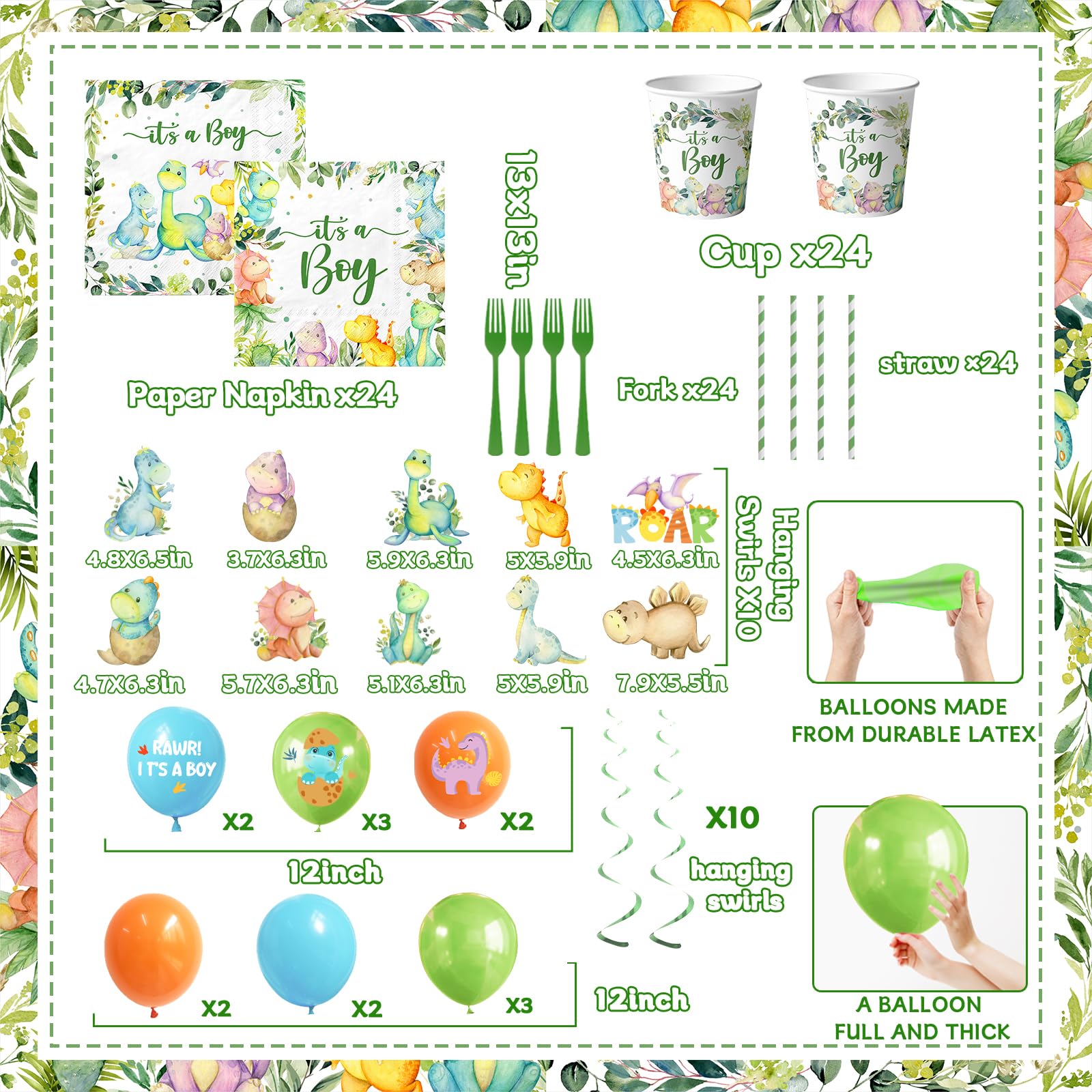 Dinosaur Baby Shower Decorations for Boy, It's a Boy Baby Shower Party Supplies Disposable Dino Plates Napkins Banner Tablecloth Cake Topper Balloon for Dinosaur Birthday Party Decorations, Serve 24