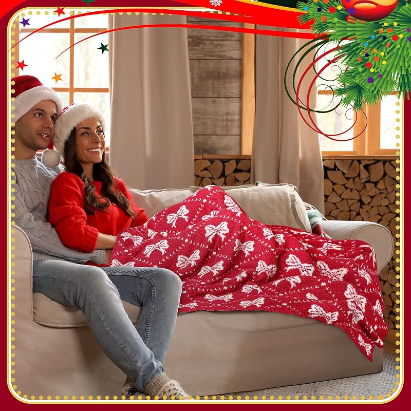 50 x 70 Inch Christmas Bow Throw Blanket - Red Coquette Bow, Lightweight