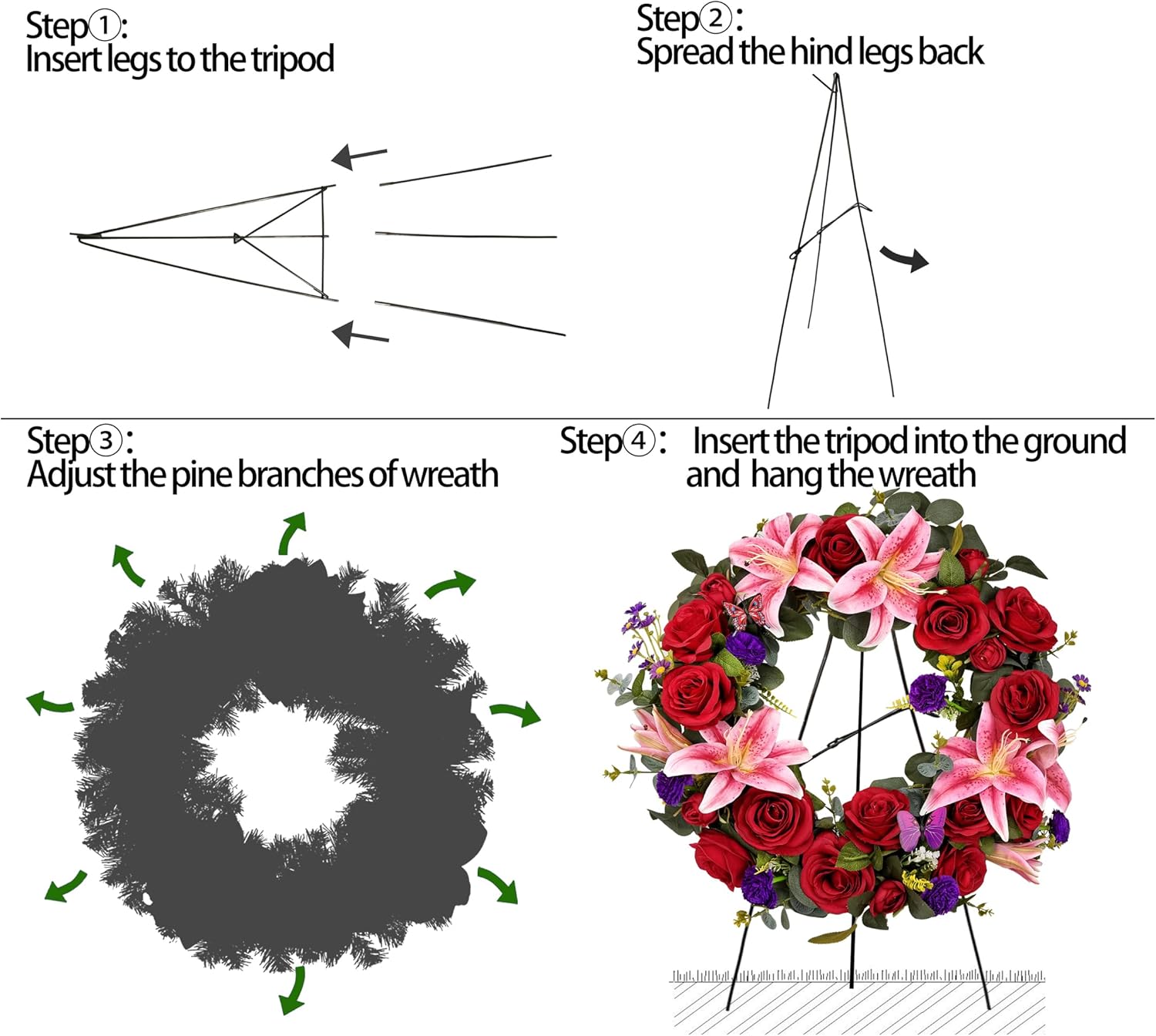 Regine Switzerland Cemetery Wreath - Handmade Floral Arrangement with 30-Inch Easel Stand | Red & Pink Roses, Lilies, Daisies, and Carnations