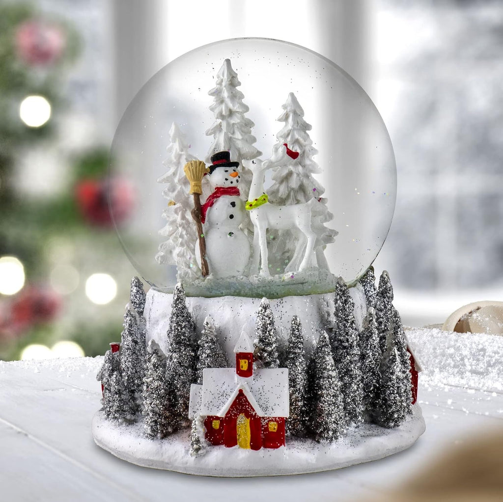 San Francisco Music Box Company Snow Globe - 120MM Santa & Snowman with Red Village Base