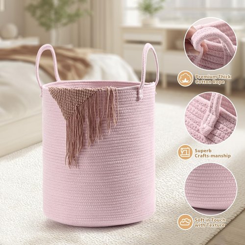 Happyiren 2-Pack Extra Large Cotton Rope Hamper Baskets – 15"x18" Oversized Woven Storage Bins for Blankets, Toys, Dirty Clothes – Pink & Beige Decorative Hamper for Nursery, Living Room, Laundry Room