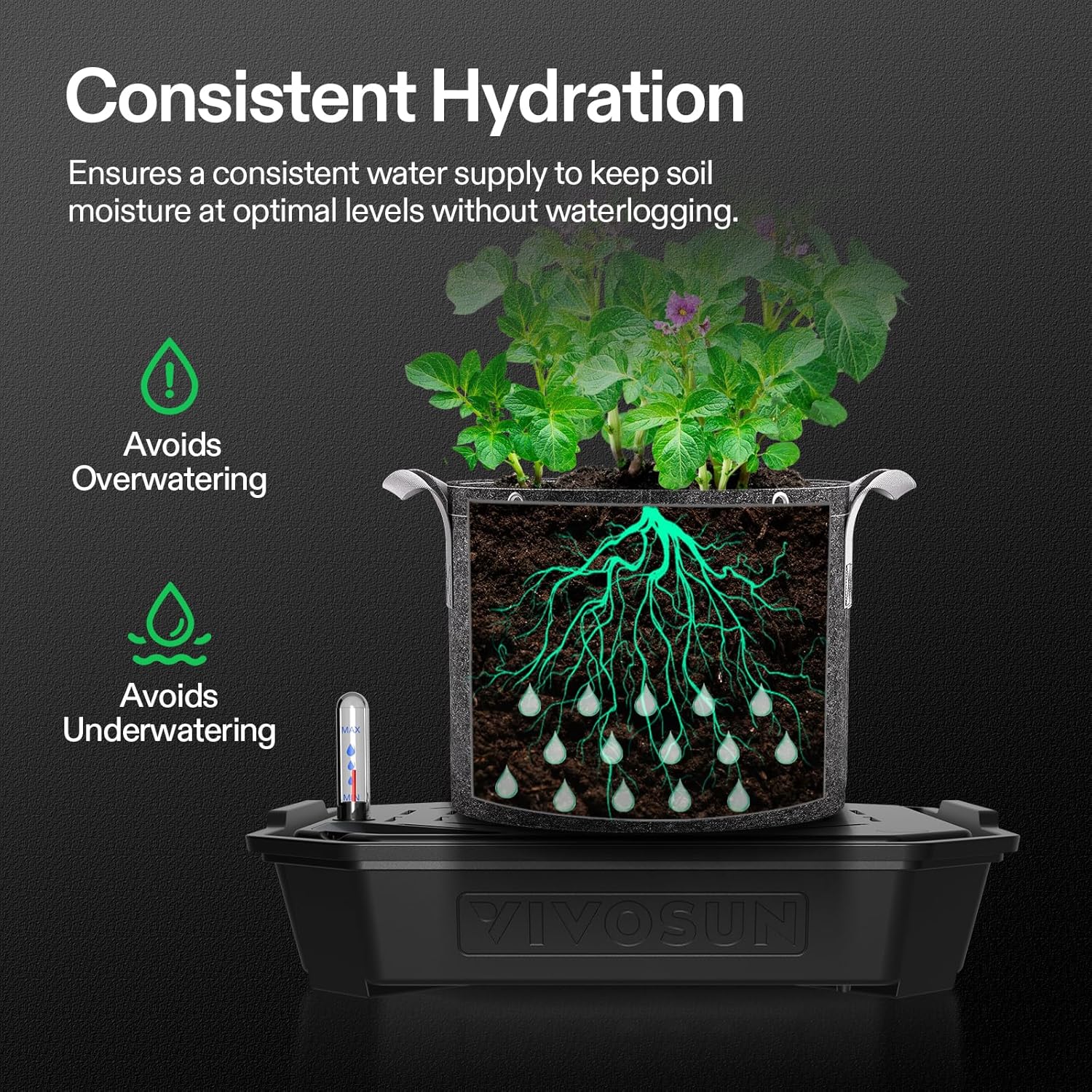 VIVOSUN Self-Watering Pots - 4-Pack Auto Irrigation Fabric Pots with Water Meter | Indoor/Outdoor Use