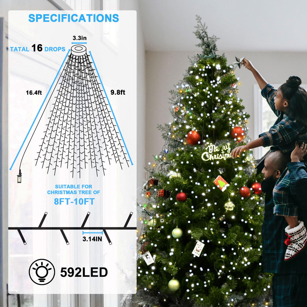 BOLWEO Christmas Tree Lights 592LED 16 Lines 8 Modes for 8 ft Tree, UL Certified Indoor/Outdoor Christmas Decorations 16 * 9.8ft Drops Cool White