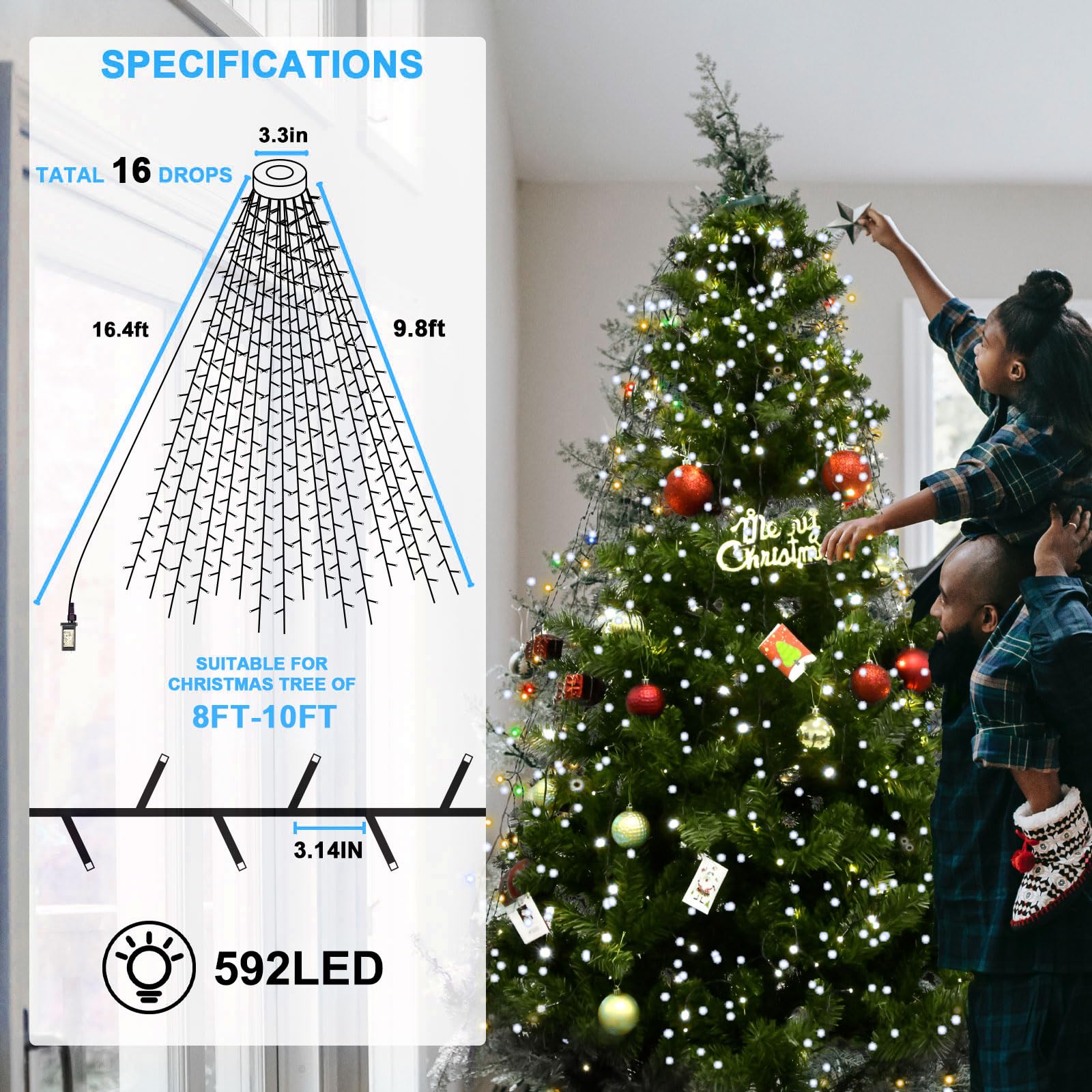 BOLWEO Christmas Tree Lights 592LED 16 Lines 8 Modes for 8 ft Tree, UL Certified Indoor/Outdoor Christmas Decorations 16 * 9.8ft Drops Cool White