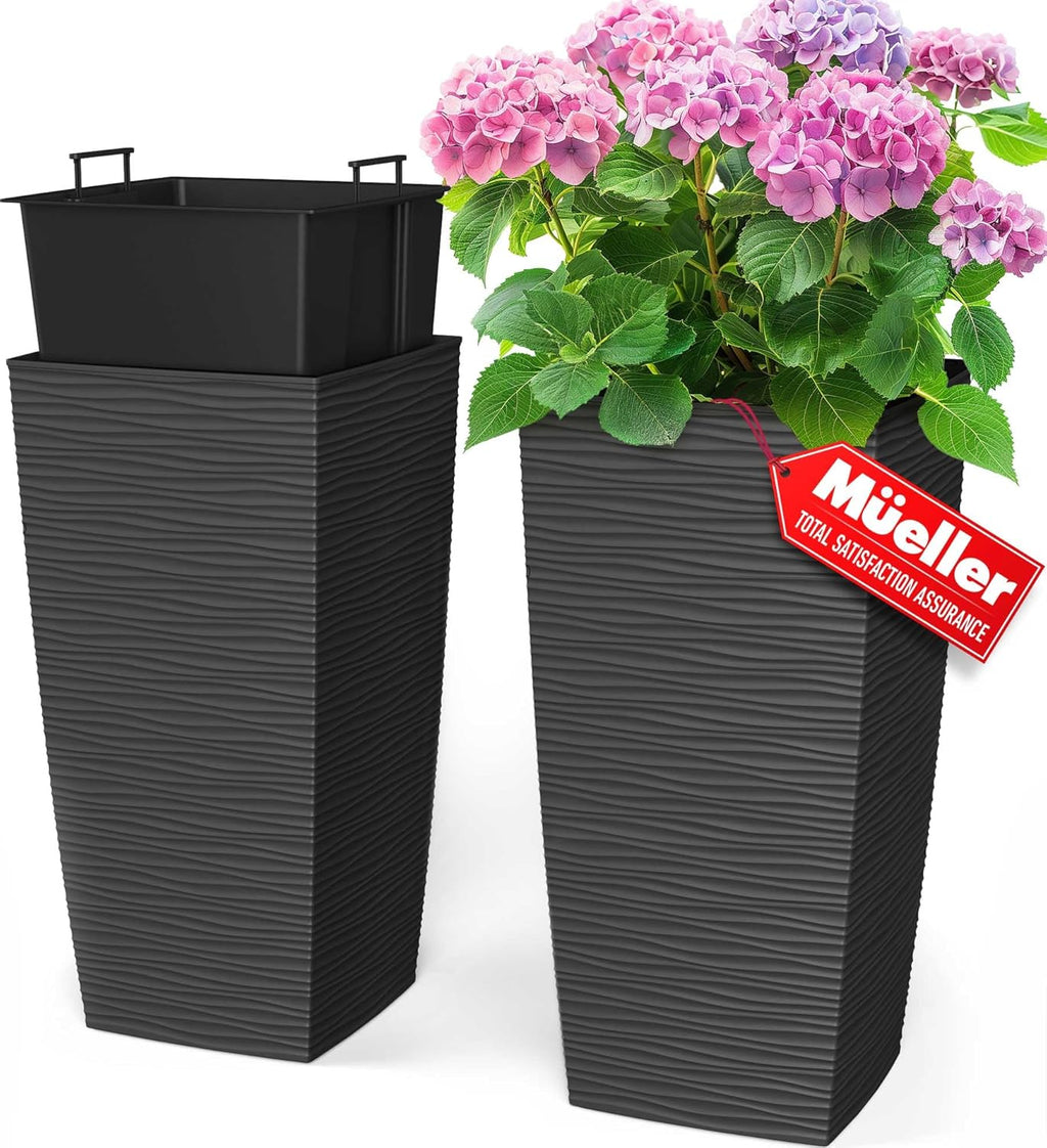 Mueller Janska M-Resin Heavy Duty Tall Planter - 24” Modern Indoor/Outdoor Flower Pot Set | Dark Gray, Built-In Drainage