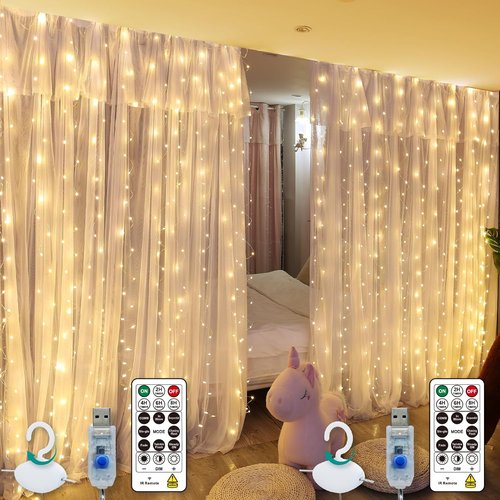 HXWEIYE 300LED Fairy Curtain Lights - 9.8x9.8Ft USB Plug-In with 8 Modes | Warm White Indoor Decor - 2 Pack