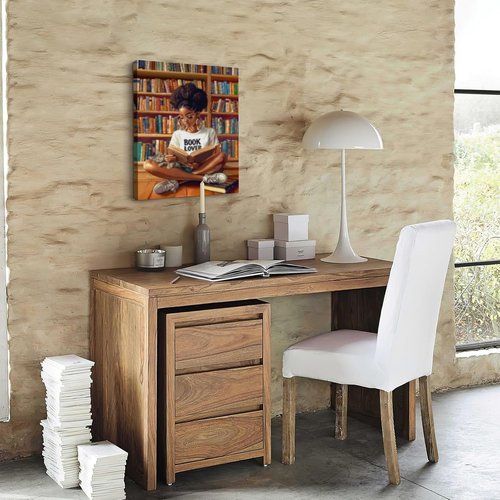 **Regine Switzerland African American Wall Art - Black Girl Reading Canvas Decor | Framed Artwork for Book Lovers (12"x16")**