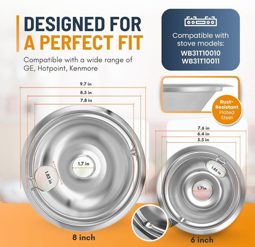 GE Electric Stove Drip Pans Set of 4 | Replacement Drip Pans for GE & Hotpoint Ranges - 2 x 6-Inch & 2 x 8-Inch