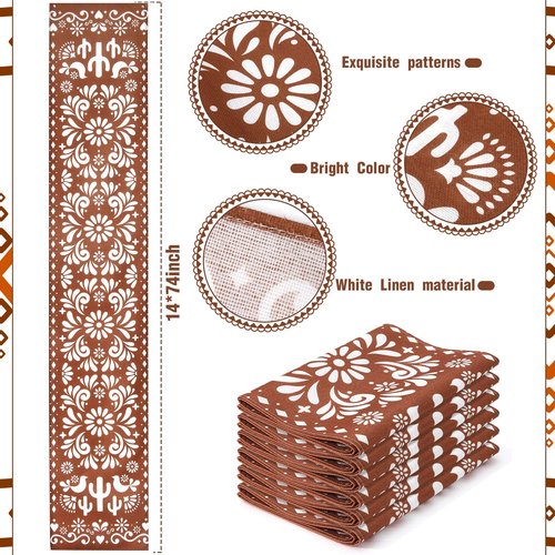 Hahafelt 12 Pcs Mexican Talavera Cielito Lindo Table Runner 71 x 13'' Linen Baby Shower Home Decor Traditional Cinco De Mayo Dia De Los Muertos Day of The Dead Fiesta Party Decoration Supplies (Brown)
