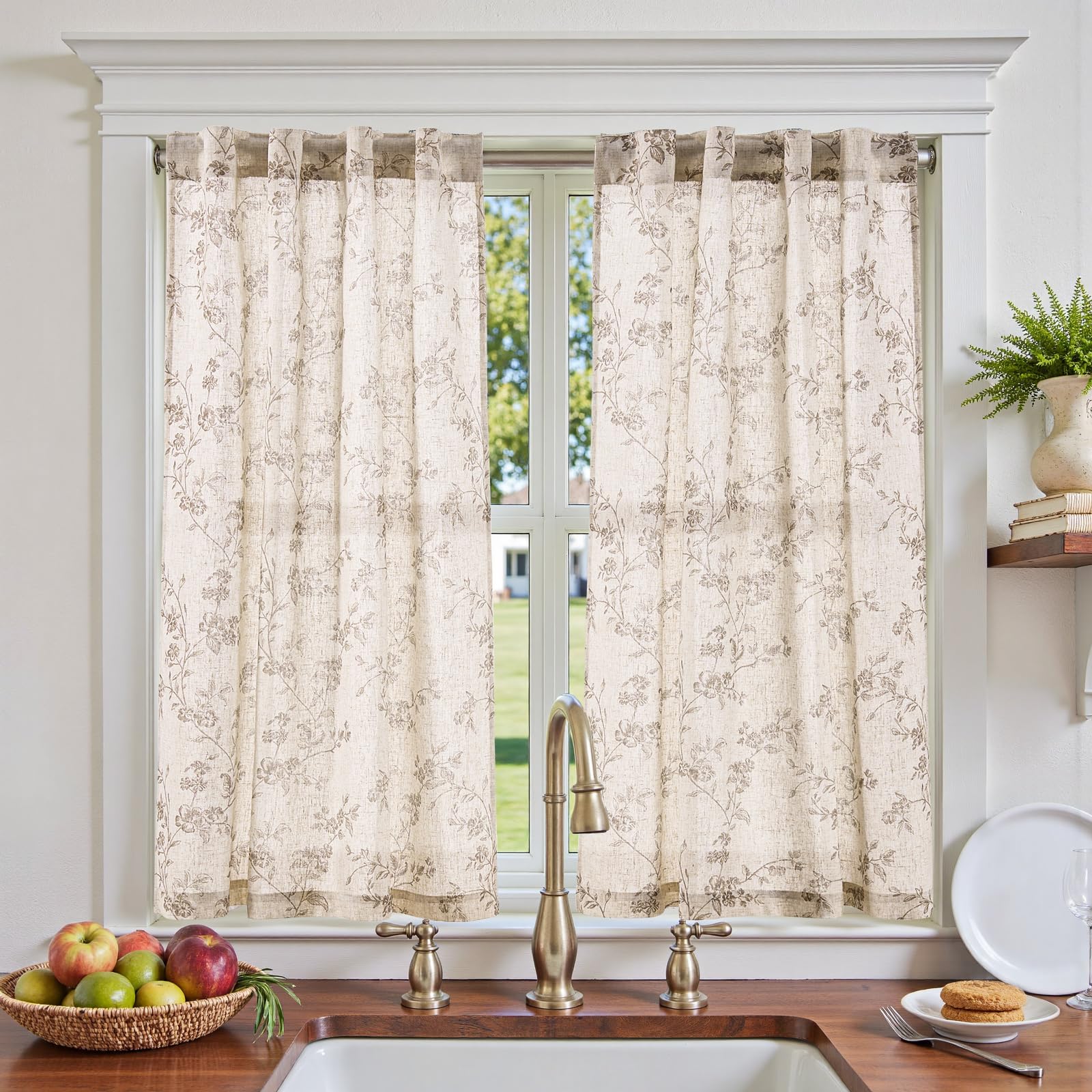 jinchan Floral Kitchen Curtains 45 Inch Linen Tier Curtains Farmhouse Cafe Half Window Drapes for Small Windows Light Filtering Taupe on Beige for Living Room Bathroom Back Tab 2 Panels