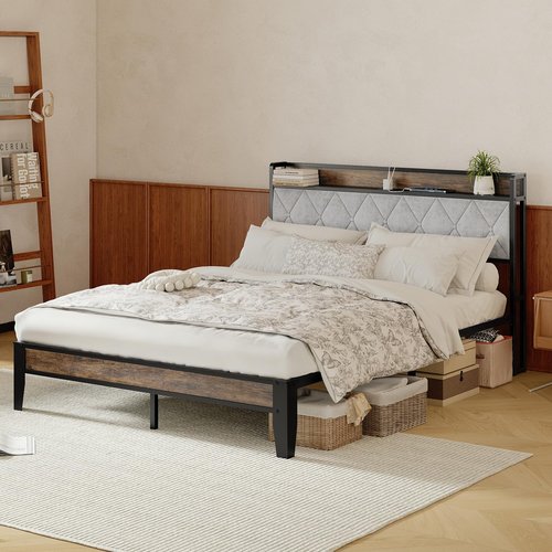Sweetcrispy Queen Bed Frame with Headboard, Storage Headboard with USB Charging Station, Durable Squeak-Free Frame, Simple No-Tool Assembly,Works with Queen Mattress No Box Spring Needed