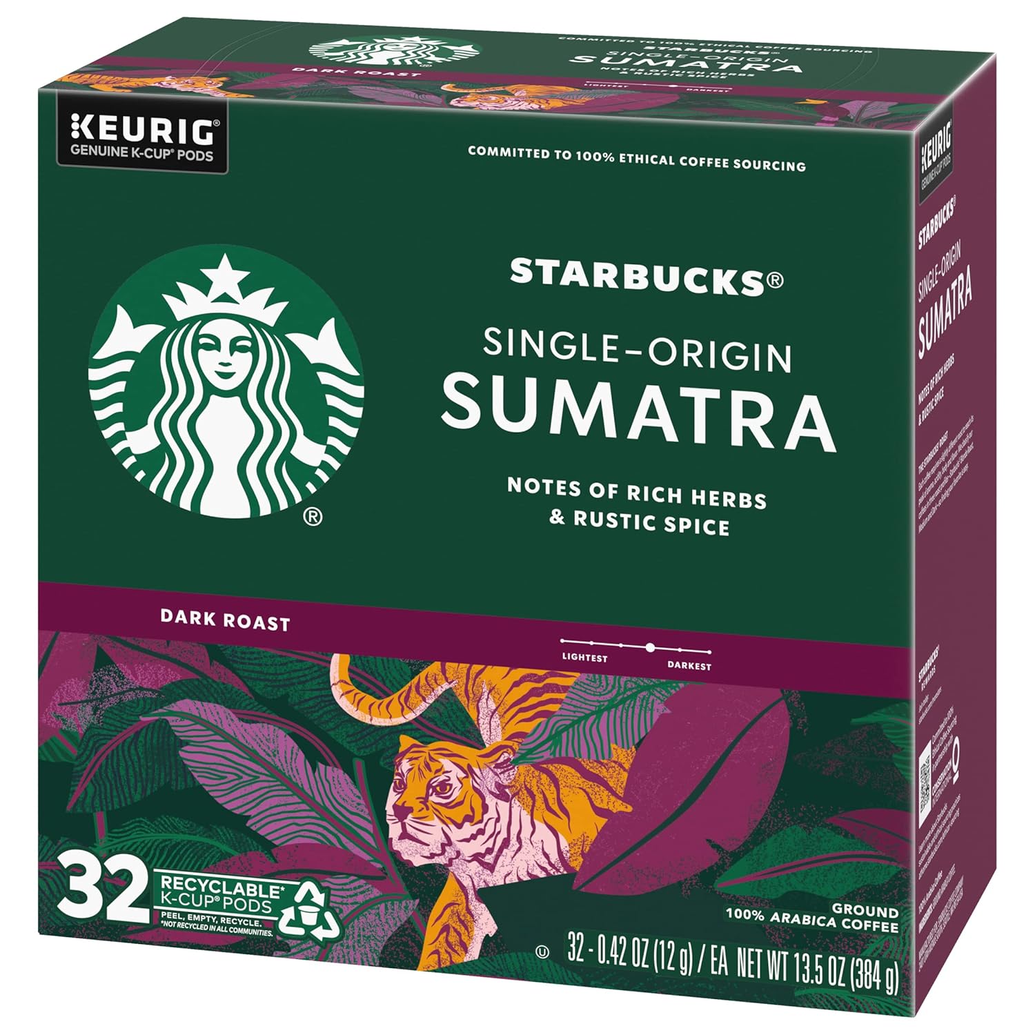 Starbucks K-Cup Pods - Sumatra Single-Origin Dark Roast Coffee | 32 Count (Pack of 4)